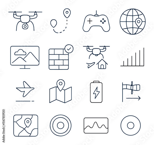 Drone navigation collection, uav direction symbols. aerial mapping and control set