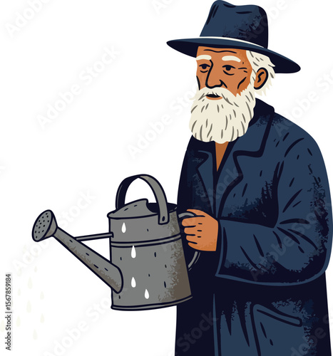 Elderly man in dark coat and hat holding watering can vector illustration 