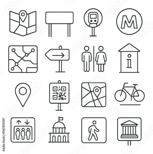Urban navigation collection, city wayfinding symbols. transit and direction icon set
