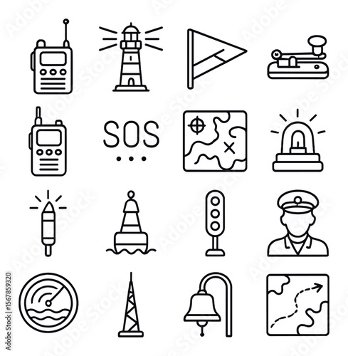 Marine communication icon collection, nautical symbols. maritime signals and tools set