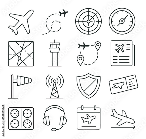 Aviation navigation collection, aviation symbols and flight navigation icons set