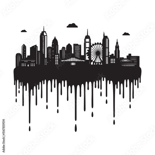 Black and White Cityscape Silhouette Dripping Paint Effect Skyline Illustration Featuring Buildings Ferris Wheel and Clouds