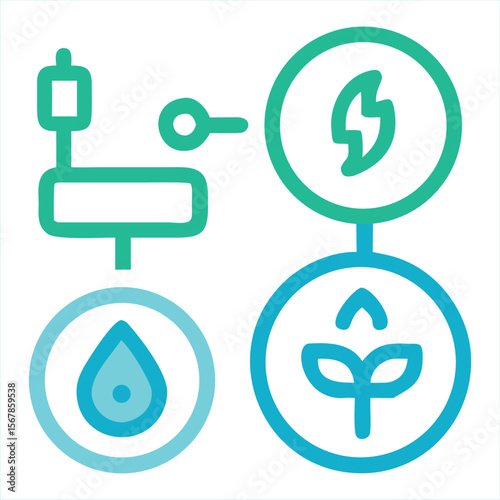 Abstract infographic diagram representing a process flow with icons for water energy and growth connected by lines and a key symbol