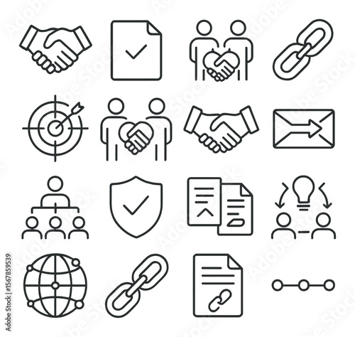 Strategic partnership collection, business cooperation and collaboration icon set