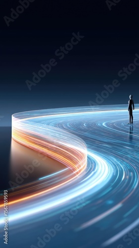 Person Walking Along Glowing Digital Path, Abstract Futuristic Concept