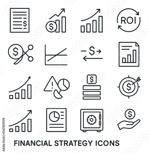 Financial strategy icon collection, budget planning and investment management assets