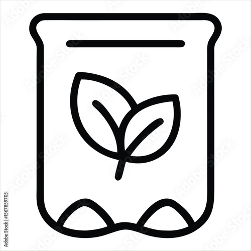 A simple black outline icon of a seed packet with two leaves sprouting from the center representing growth and agriculture