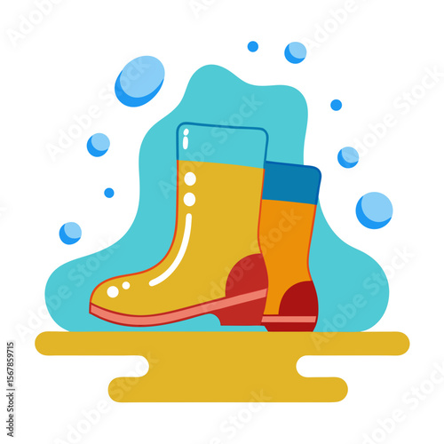 rain-boots-in-puddle--vector-playful-style white background