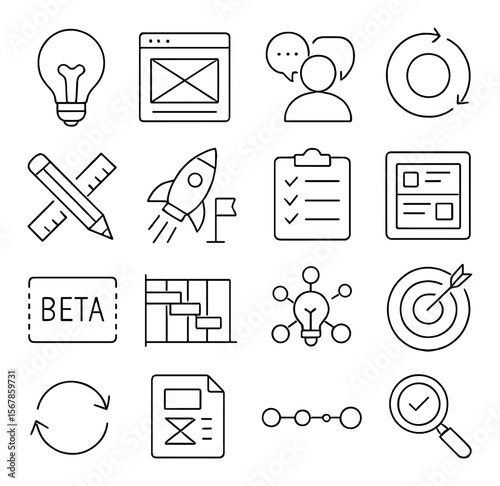 Product development collection, innovation and design elements. creativity and planning icons.
