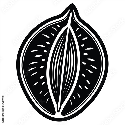 Stylized black and white illustration of a halved plum or prune showing the pit and flesh with a graphic design aesthetic
