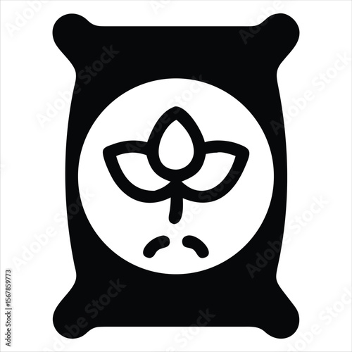 Black and white graphic icon of a bag of fertilizer with a stylized plant sprout symbol on a white background representing agriculture and gardening