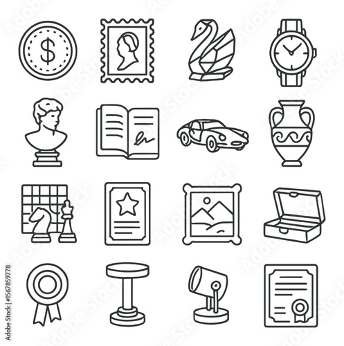 Luxury collectibles icon collection, elegant design set for premium items and antiques