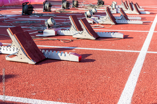Ready for the Race: Starting Blocks on the Athletics Track.