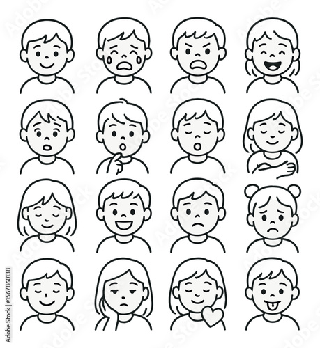 Children's emotions icon collection, expressive faces set. kids mood and feeling symbols