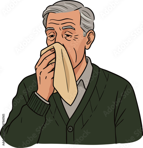 Elderly man blowing nose with handkerchief in cold or allergy symptom relief vector illustration 
