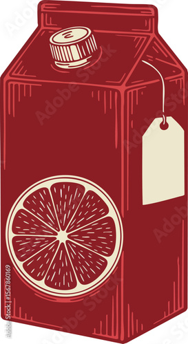 Red Orange Juice Carton with Cap and Tag Vector Illustration in Vintage Style 