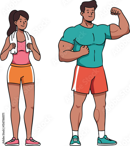 Fit young man flexing muscles with athletic woman in sportswear vector illustration 