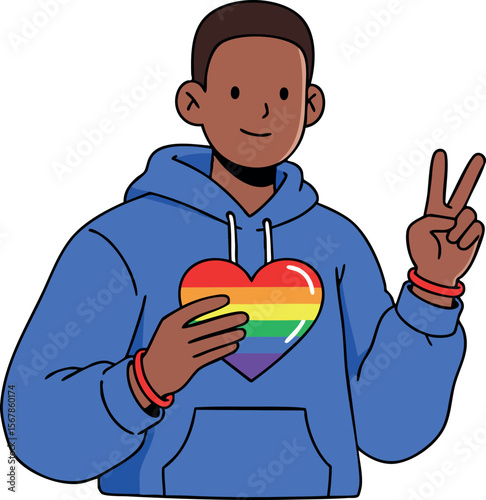 Young person holding rainbow heart symbol wearing blue hoodie showing peace sign vector illustration 