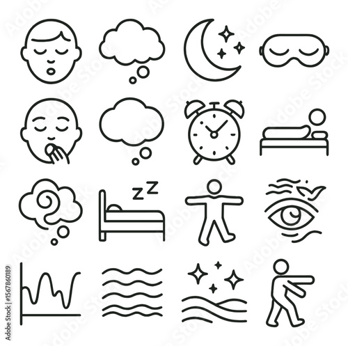 Dream state collection, sleep and relaxation icons. restful and calming symbols set
