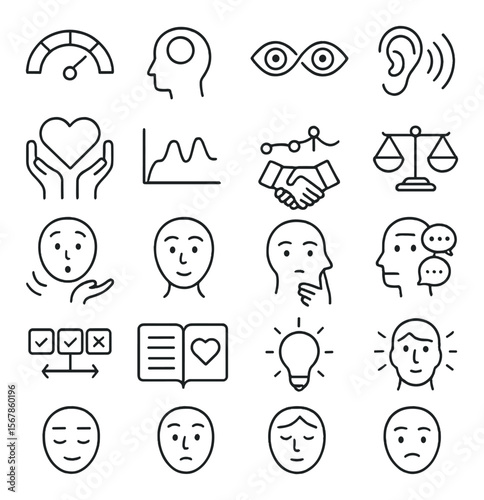 Emotional intelligence icon collection, empathy and understanding symbols. communication set