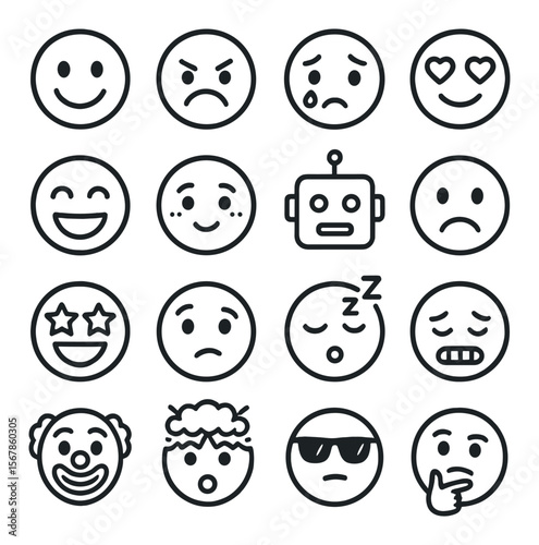 Emoji icons collection, emoticon symbols set. expressions and moods pack for messages