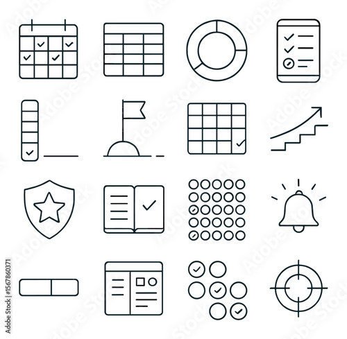 Goal tracking icon collection, set of simple productivity and planning symbols