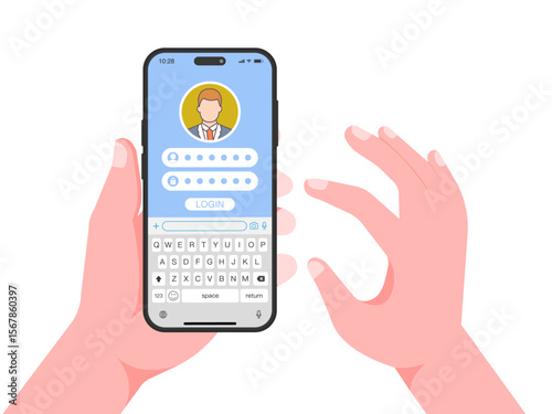 Hand Holding Smartphone with Login Screen – Mobile App Login Interface with Username, Password Fields, and User Avatar Vector Illustration on White Background