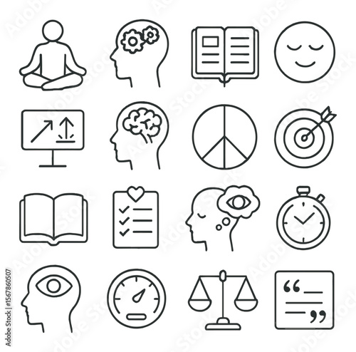 Mental growth symbol collection, mindfulness and self-improvement icons for wellness