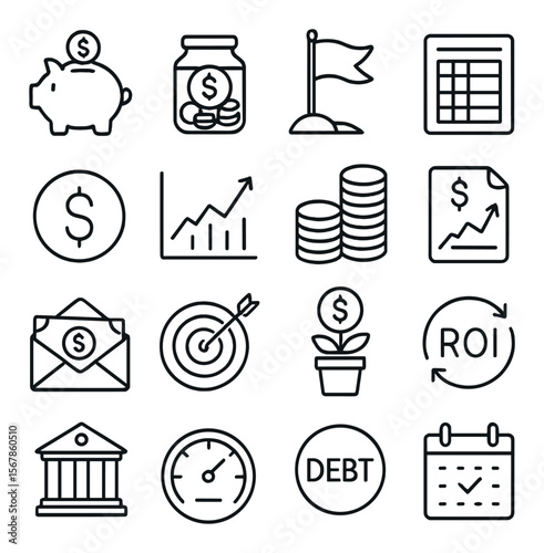 Financial goals icon collection, savings and investment symbols. budget planning set