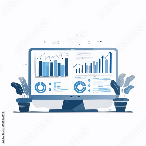 A computer monitor displays charts graphs  data flanked by potted plants