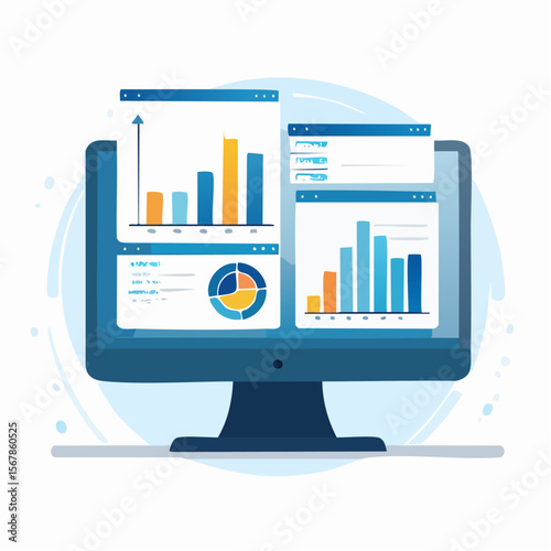 A computer screen displays graphs and charts in varying formats set against a white background