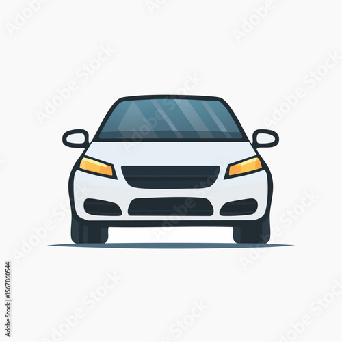 A white cartoon car seen from the front showing headlights and windshield