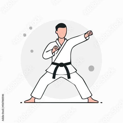 A person in karate attire with a black belt punches in a neutral stance
