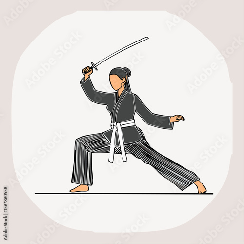 A woman in fighting stance holding a sword in a circle
