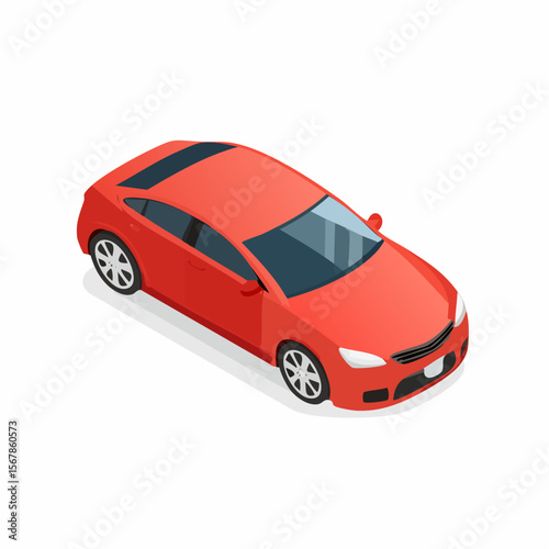 An isometric red car with detailed wheels and interior visible through its windows