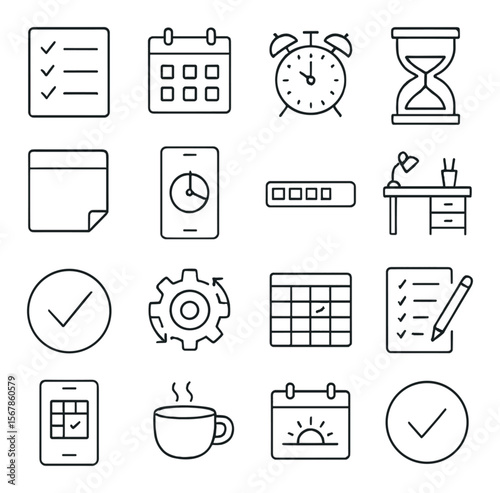 Daily productivity icons collection, task management symbols. efficiency and organization set