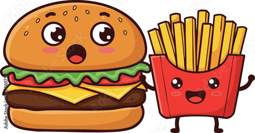 Cute cartoon hamburger with smiling french fries fast food vector illustration 