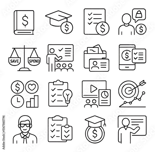 Financial literacy icon collection, smart money symbols. budgeting and saving designs set