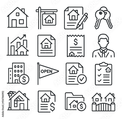 Real estate icon collection, property symbols. housing and home sale essentials set