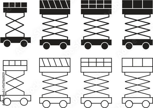 Scissor lift platform vector set, construction and industrial equipment icon collection, solid and outline graphic group, editable design elements for building, maintenance, and engineering projects