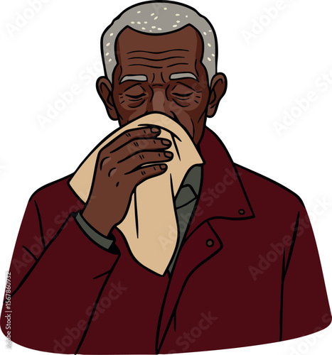 Elderly Man Sneezing with Handkerchief Wearing Red Coat Vector Illustration 