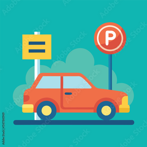 Public parking space sign with vehicle