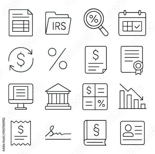 Taxation icons collection, fiscal design symbols. accounting and finance tools set