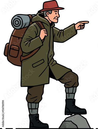 Hiker with backpack and rolled mat pointing while standing on rock outdoor adventure vector 