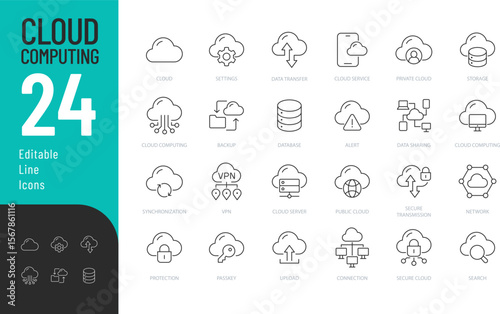 Cloud Computing Editable Icons set. Vector illustration in modern thin line style of technology related icons: datum, storage, network, and more. Isolated on transparent background.