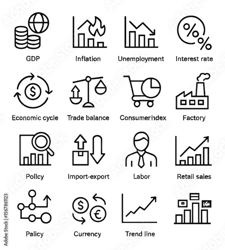 Economic indicators collection, economic cycle data set. analytics and trend symbols