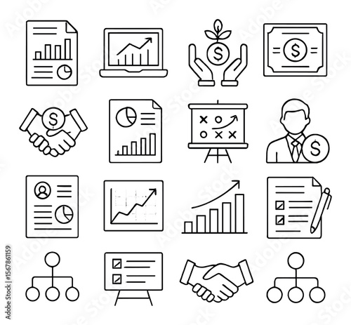 Corporate finance collection, business strategy icons. analytics and management symbols
