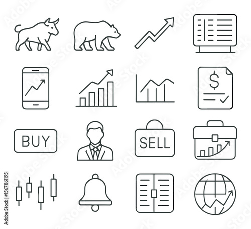 Stock market icon collection, financial symbols. trading and investment design set