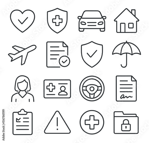 Insurance collection, essential safety symbols. protection and policy icon set