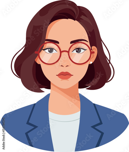 Young woman with short brown hair wearing red glasses and blue jacket vector illustration 